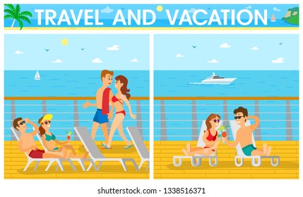 Travel and vacation on cruise liner, men in shorts and women in swimsuit lying on chaise lounge. Cloudy sky and ocean view from ship, sunbathing vector