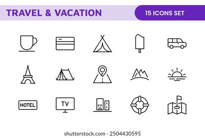 Travel and Vacation Outline Icon illustration. Editable line icon set.