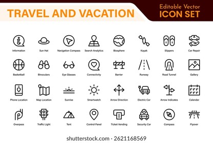 Travel and Vacation Outline Icon illustration. Editable line icon set.