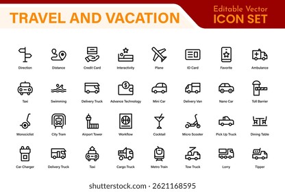 Travel and Vacation Outline Icon illustration. Editable line icon set.