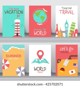 travel and vacation  poster set. flat design. can be use for brochure flyer, greeting and invitation card.  background , backdrop.  layout template in A4 size. vector illustration