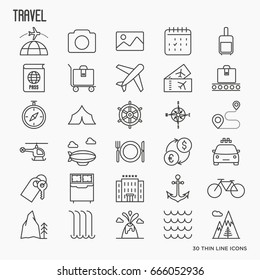 Travel and vacation related thin line icons: plane, tickets, hotel, sights. Vector illustration.