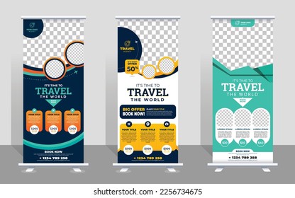 Travel vacation roll up banner design or pull up banner template.