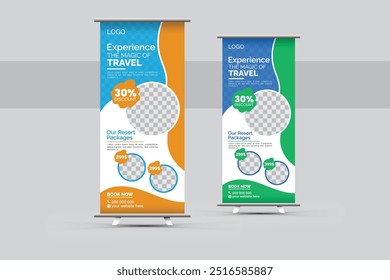 Travel vacation roll up banner design template for business or travel agency. Editable vector illustration