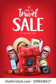 Travel Vacation Sale Poster for Advertisement with 3D Realistic  Items Such as Hat, Camera, Sunglasses, Passport, Compass, Notepad, Pen, Mobile Phone and Pair of Sneakers in Red Background. 