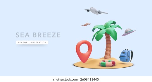 Travel Vacation Scene With Palm Tree, Location Pin, Plane, and Beach Accessories. Fun Tropical Concept for Summer Holidays and Tourism Ads. Vector Illustration.