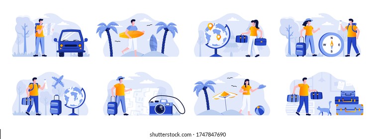 Travel vacation scenes bundle with people characters. Tourists traveling by car or plane, couple with luggage, surfer with surfboard situations. Summer holidays and activity flat vector illustration