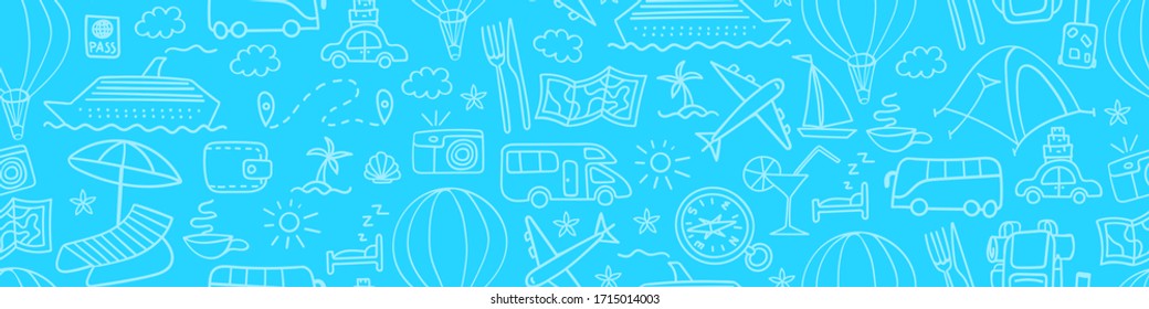 Travel and vacation seamless border. Summer tourism doodles. Outline vector illustration.