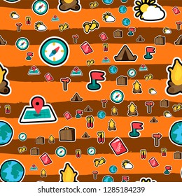 Travel vacation seamless cartoon pattern. Trip. Hiking, camping stickers on brushstrokes background