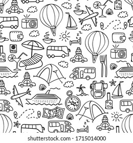 Travel and vacation seamless pattern. Summer tourism doodles. Outline vector illustration.