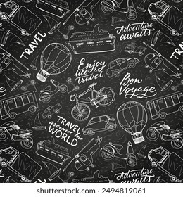 Travel and vacation seamless pattern. Summer tourism doodles. Outline vector illustration.