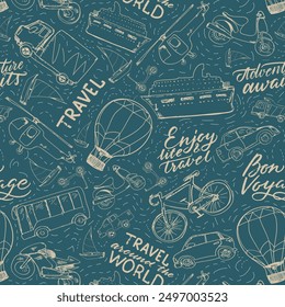 Travel and vacation seamless pattern. Summer tourism doodles. Outline vector illustration.