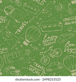 Travel and vacation seamless pattern. Summer tourism doodles. Outline vector illustration.