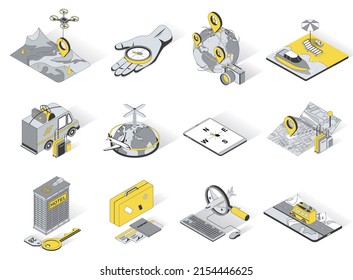 Travel vacation service concept 3d isometric icons set. Pack elements of hiking, mountains, compass, global tourism, beach, sea, car traveling and other. Vector illustration in modern isometry design