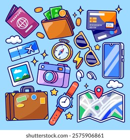 Travel Vacation Set Cartoon Vector Icon Illustration. Holiday 
Object Icon Concept Isolated Premium Vector. Flat Cartoon 
Style 