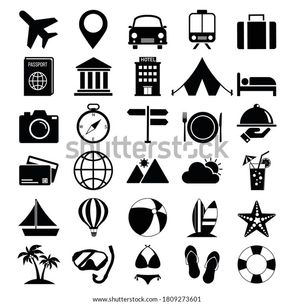 travel\
and vacation set silhouette icons. black summer holiday sign.\
vector illustration in flat style modern design.\
