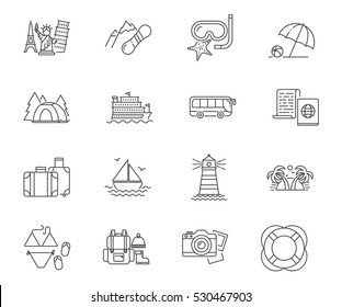 Conjunto de viajes y vacaciones de iconos vectoriales