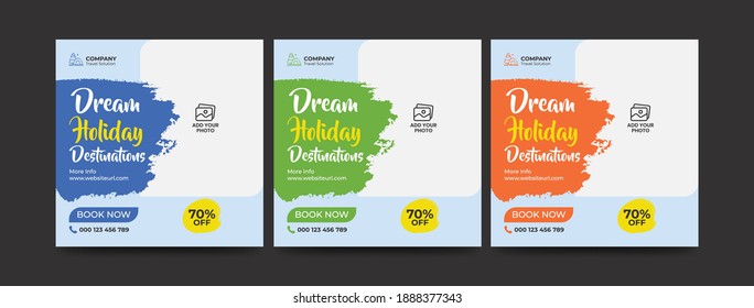 Travel and vacation square social media banner post template with brush stroke