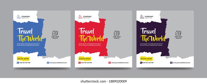 Travel And Vacation Square Social Media Banner Post Template With Brush Stroke