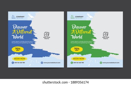 Travel and vacation square social media banner post template with brush stroke