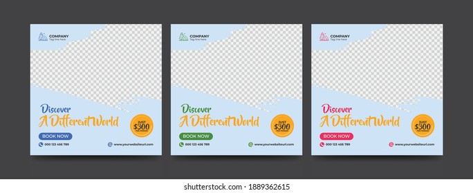 Travel and vacation square social media banner post template with brush stroke