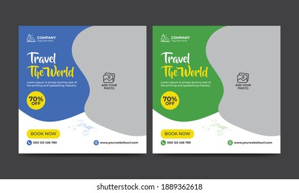 Travel and vacation square social media banner post template with brush stroke