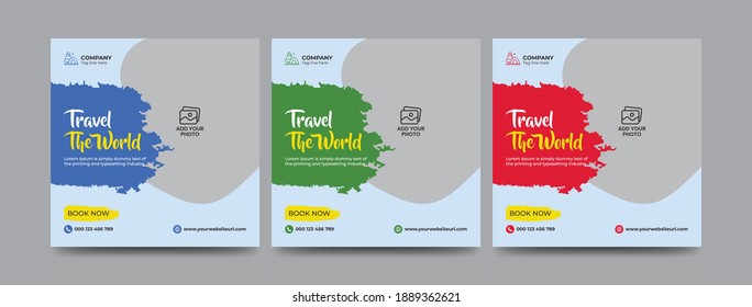 Travel And Vacation Square Social Media Banner Post Template With Brush Stroke