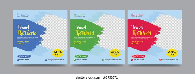 Travel and vacation square social media banner post template with brush stroke