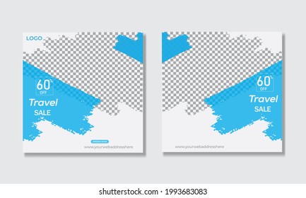 Travel and vacation square social media banner post. Editable Modern Template. Discount Promo Template.