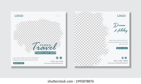 Travel and vacation square social media banner post. Editable Modern Template. Discount Promo Template