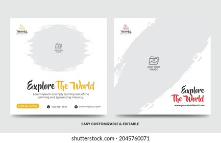 Travel And Vacation Square Social Media Banner Post Template With Brush Stroke. Travel Agency Ads Banner