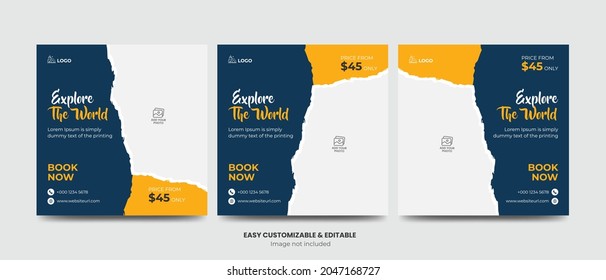 Travel and vacation square social media banner post-template set with a brush stroke. Travel agency ads banner