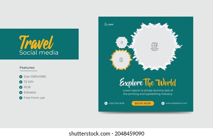 Travel and vacation square social media banner post template with brush stroke. Travel agency ads banner