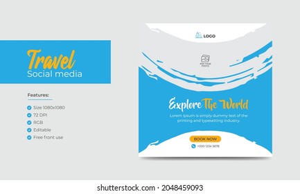 Travel and vacation square social media banner post template with brush stroke. Travel agency ads banner