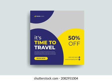 Travel and vacation square social media banner post template with brush stroke