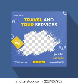 Travel and vacation square social media banner post template, travel agency ads banner, summer holiday offer promotion, and marketing social media for online business.