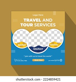 Travel and vacation square social media banner post template, travel agency ads banner, summer holiday offer promotion, and marketing social media for online business.
