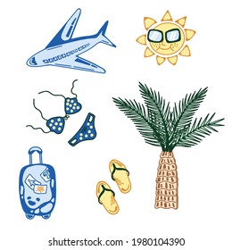 Travel and vacation stickers set - airplane, sun, suitcase, swimsuit, flip flops, palm tree. Colored icons. Design for banner, poster, logo. Vector summer tourism illustrations.