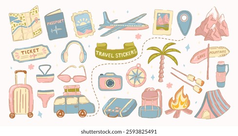 Travel and Vacation stickers. Set of elements for a trip in flat hand-drawn style. Vector.