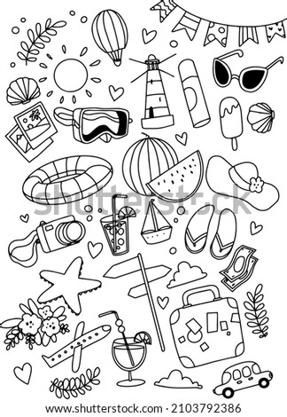 Travel vacation stuff line doodle vector illustration, doodle sunny art, happy vacay set, travel adventure sea collection 