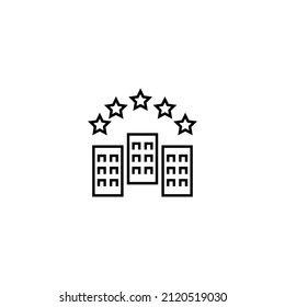 Travel, vacation and summer holiday concept. Vector outline symbol for sites, advertisement, stores etc. Line icon of five rated hotel 