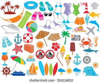 travel vacation and summer icons (hammock, swimsuit, bikini, palm, hibiscus flower, straw umbrella, cocktail, lighthouse, anchor, lifesaver, starfish, ice cream, compass, rudder)