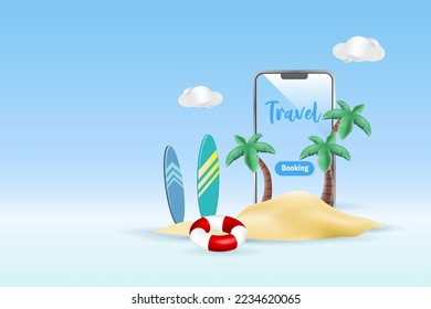 Travel vacation at summer tropical beach island with surfboard, palm trees and swim ring on smartphone. 3D vector Illustration.