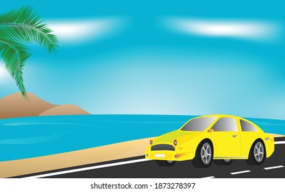 Travel for vacation in summer.Summer time and yellow car on beach. Driving on the beach road. Go to a road trip.