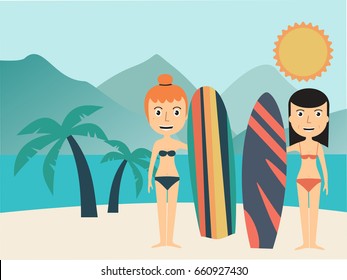 Travel and vacation. Surfer girls on the beach. Vector illustration.