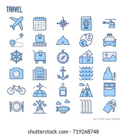 Travel and vacation thin line icons set: plane, tickets, hotel, sights and place for text. Vector illustration.