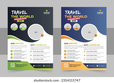 Travel Vacation Tour Agency Flyer Template Design. Holiday, Summer travel and tourism flyer or poster template design. Business Brochure, Template or Flyer design for Tour and Travel Business concept