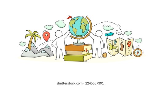 Travel, vacation tour, journey concept with doodle men, map, globe and compass. Cute people with bag and destination sign with arrow, world map, vector hand drawn illustration