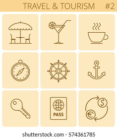 Travel, vacation, tourism outline icons: restaurant, hotel room key, open-air cafe, passport. Vector thin line symbol and sign set. Isolated infographic elements for web, presentation, social network.