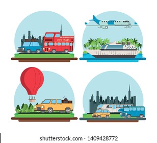 Travel and vacation transports set of scenarios in nature and city vector illustration graphic design